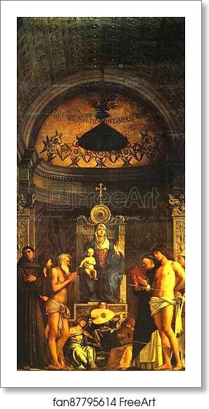 Free art print of Madonna and Child, Three Musical Angels, and SS. Francis, John the Baptist, Job, Dominic, Sebastian, and Louis of Toulouse, known as the St. Job (Giobbe) Altarpiece by Giovanni Bellini Free art print of Madonna and Child, Three Musical Angels, and SS. Francis, John the Baptist, Job, Dominic, Sebastian, and Louis of Toulouse, known as the St. Job (Giobbe) Altarpiece by Giovanni Bellini