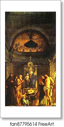 Free art print of Madonna and Child, Three Musical Angels, and SS. Francis, John the Baptist, Job, Dominic, Sebastian, and Louis of Toulouse, known as the St. Job (Giobbe) Altarpiece by Giovanni Bellini