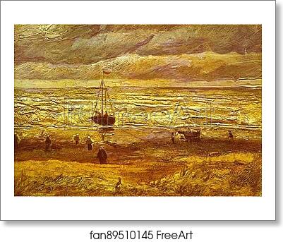 Free art print of Beach with Figures and Sea with a Ship by Vincent Van Gogh