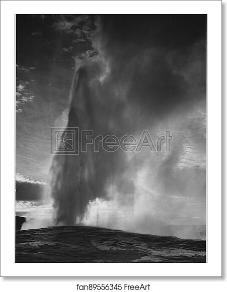 Free art print of Taken at dusk or dawn from various angles during eruption. "Old Faithful Geyser, Yellowstone National Park," Wyoming. (vertical orientation). Photographs of National Parks and Monuments, compiled 1941 - 1942, documenting the period ca. 1933 - 1942. by Ansel Adams (1902-1984) Free art print of Taken at dusk or dawn from various angles during eruption. "Old Faithful Geyser, Yellowstone National Park," Wyoming. (vertical orientation). Photographs of National Parks and Monuments, compiled 1941 - 1942, documenting the period ca. 1933 - 1942. by Ansel Adams (1902-1984)