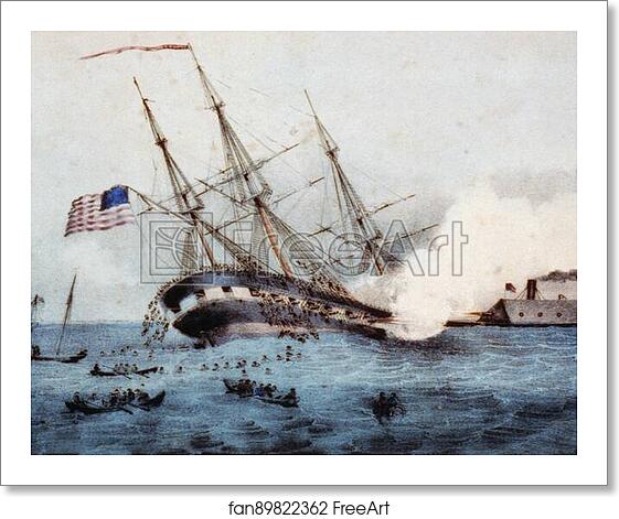 Free art print of The sinking of the "Cumberland" by the iron clad "Merrimac", off Newport News Va. March 8th 1862 by Currier & Ives