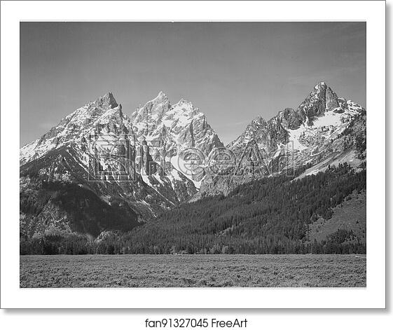 Free art print of Grassy valley, tree covered mountain side and snow covered peaks, Grand "Teton National Park", Wyoming. Photographs of National Parks and Monuments, compiled 1941 - 1942, documenting the period ca. 1933 - 1942. by Ansel Adams (1902-1984) Free art print of Grassy valley, tree covered mountain side and snow covered peaks, Grand "Teton National Park", Wyoming. Photographs of National Parks and Monuments, compiled 1941 - 1942, documenting the period ca. 1933 - 1942. by Ansel Adams (1902-1984)