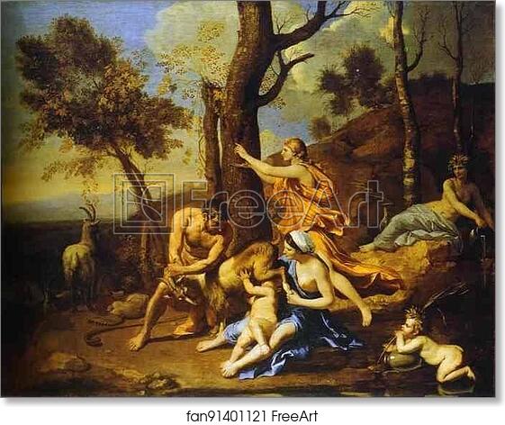 Free art print of The Infant Jupiter Nurtured by the Goat Amalthea by Nicolas Poussin