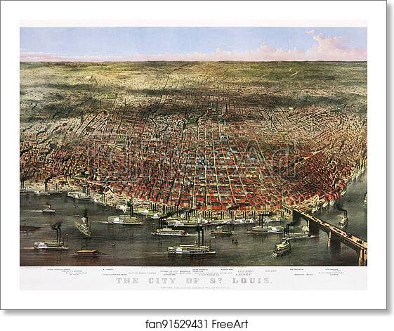 Free art print of Color lithograph of the City of St. Louis. Bird's-eye view of St. Louis, Missouri, as seen from above the Mississippi River; prominent features identified below the image. by Currier & Ives Free art print of Color lithograph of the City of St. Louis. Bird's-eye view of St. Louis, Missouri, as seen from above the Mississippi River; prominent features identified below the image. by Currier & Ives