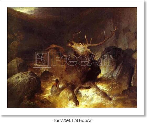 Free art print of Deer and Deerhounds in a Mountain Torrent by Sir Edwin Landseer Free art print of Deer and Deerhounds in a Mountain Torrent by Sir Edwin Landseer