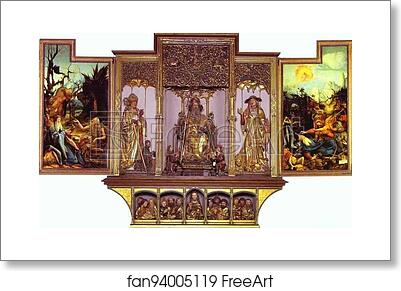 Free art print of The second view of the altar. St Anthony Visiting St Paul the Hermit in the Desert (left), The Temptation of St. Anthony (right). Central part are carved figures of St. August, St. Anthony, St. Jerome; bottom part Jesus with 12 Apostles. Sculptures by Nic by Matthias Grünewald