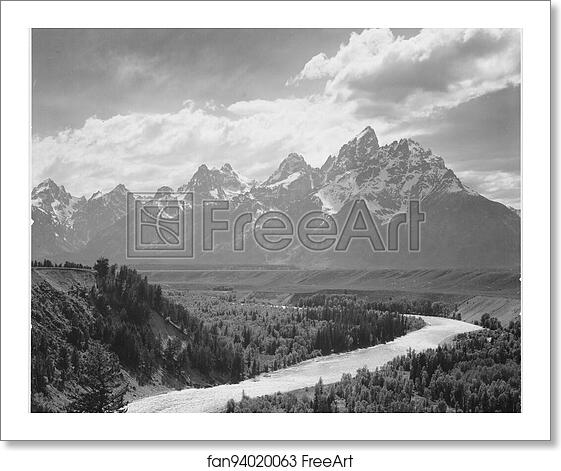 Free art print of View from river valley towards snow covered mountains, river in foreground from left to right, "Grand Teton" National Park, Wyoming. Photographs of National Parks and Monuments, compiled 1941 - 1942, documenting the period ca. 1933 - 1942. by Ansel Adams (1902-1984) Free art print of View from river valley towards snow covered mountains, river in foreground from left to right, "Grand Teton" National Park, Wyoming. Photographs of National Parks and Monuments, compiled 1941 - 1942, documenting the period ca. 1933 - 1942. by Ansel Adams (1902-1984)