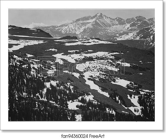 Free art print of View of plateau, snow covered mountain in background, "Long's Peak, Rocky Mountain National Park," Colorado. Photographs of National Parks and Monuments, compiled 1941 - 1942, documenting the period ca. 1933 - 1942. by Ansel Adams (1902-1984) Free art print of View of plateau, snow covered mountain in background, "Long's Peak, Rocky Mountain National Park," Colorado. Photographs of National Parks and Monuments, compiled 1941 - 1942, documenting the period ca. 1933 - 1942. by Ansel Adams (1902-1984)
