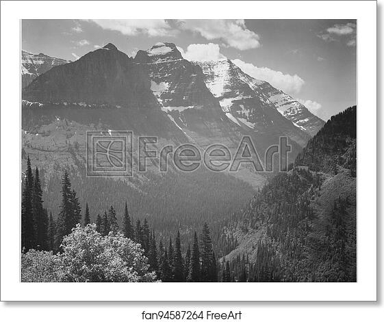 Free art print of Valley, snow covered mountains in background, "In Glacier National Park," Montana. Photographs of National Parks and Monuments, compiled 1941 - 1942, documenting the period ca. 1933 - 1942. by Ansel Adams (1902-1984) Free art print of Valley, snow covered mountains in background, "In Glacier National Park," Montana. Photographs of National Parks and Monuments, compiled 1941 - 1942, documenting the period ca. 1933 - 1942. by Ansel Adams (1902-1984)