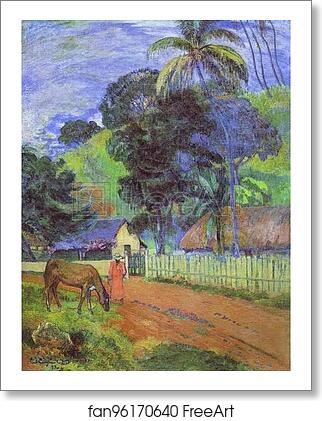Free art print of Horse on Road. Tahitian Landscape by Paul Gauguin