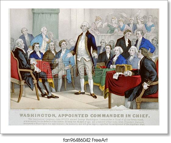 Free art print of Color lithograph depicting George Washington after his appointment as commander in chief of the Continental Army. by Currier & Ives Free art print of Color lithograph depicting George Washington after his appointment as commander in chief of the Continental Army. by Currier & Ives