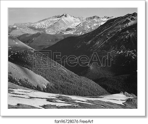 Free art print of Close in view, dark shadowed hills in foreground, mountains in background, "Long's Peak, Rocky Mountain National Park," Colorado. Photographs of National Parks and Monuments, compiled 1941 - 1942, documenting the period ca. 1933 - 1942. by Ansel Adams (1902-1984) Free art print of Close in view, dark shadowed hills in foreground, mountains in background, "Long's Peak, Rocky Mountain National Park," Colorado. Photographs of National Parks and Monuments, compiled 1941 - 1942, documenting the period ca. 1933 - 1942. by Ansel Adams (1902-1984)