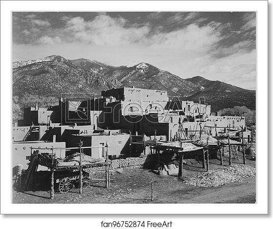 Free art print of Full view of city, mountains in background, "Taos Pueblo National Historic Landmark, New Mexico, 1941.". Photographs of National Parks and Monuments, compiled 1941 - 1942, documenting the period ca. 1933 - 1942. by Ansel Adams (1902-1984) Free art print of Full view of city, mountains in background, "Taos Pueblo National Historic Landmark, New Mexico, 1941.". Photographs of National Parks and Monuments, compiled 1941 - 1942, documenting the period ca. 1933 - 1942. by Ansel Adams (1902-1984)