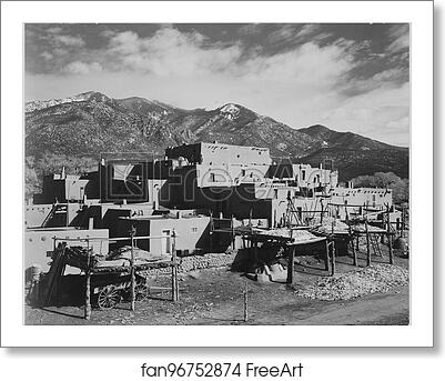 Free art print of Full view of city, mountains in background, "Taos Pueblo National Historic Landmark, New Mexico, 1941.". Photographs of National Parks and Monuments, compiled 1941 - 1942, documenting the period ca. 1933 - 1942. by Ansel Adams (1902-1984) Free art print of Full view of city, mountains in background, "Taos Pueblo National Historic Landmark, New Mexico, 1941.". Photographs of National Parks and Monuments, compiled 1941 - 1942, documenting the period ca. 1933 - 1942. by Ansel Adams (1902-1984)