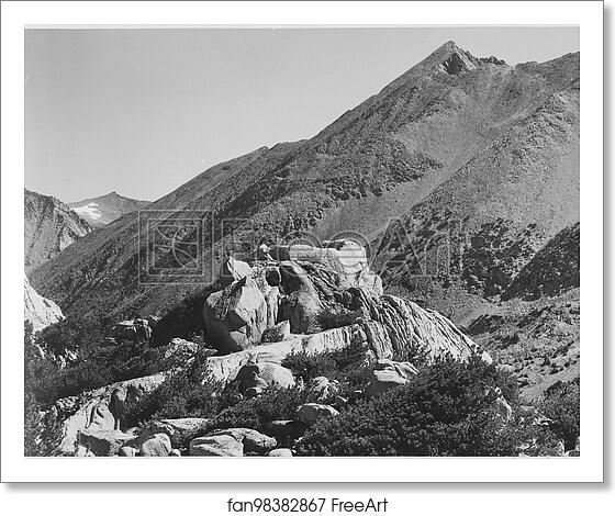 Free art print of Peak near Rac Lake, Kings River Canyon (Proposed as a national park), California, 1936.  Photographs of National Parks and Monuments, compiled 1941 - 1942, documenting the period ca. 1933 - 1942. by Ansel Adams (1902-1984)
