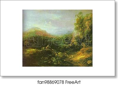 Free art print of Mountain Landscape with Peasants Crossing a Bridge by Thomas Gainsborough