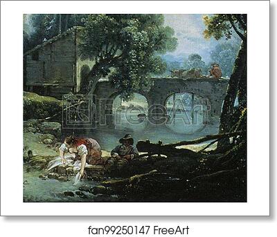 Free art print of Landscape with Washerwomen. Detail by François Boucher